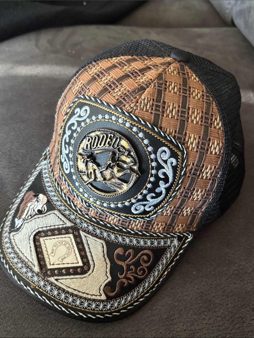Rodeo Embroidered Woven Trucker Hat - Brown & Black Leather & Hide Detailining